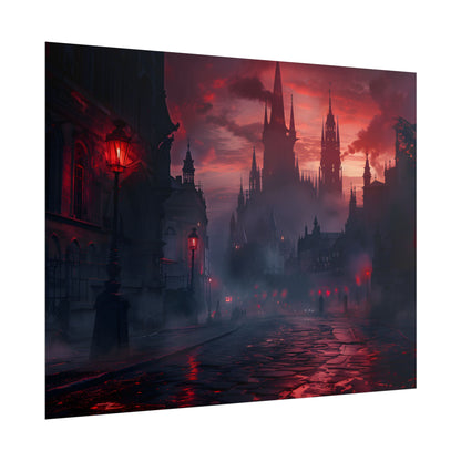 Gothic City Dusk: Pointed Arches and Misty Atmosphere - Poster