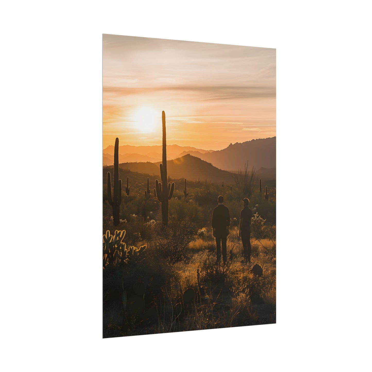 Desert Sunset Serenity: Two Friends Standing Together - Poster