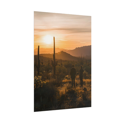 Desert Sunset Serenity: Two Friends Standing Together - Poster