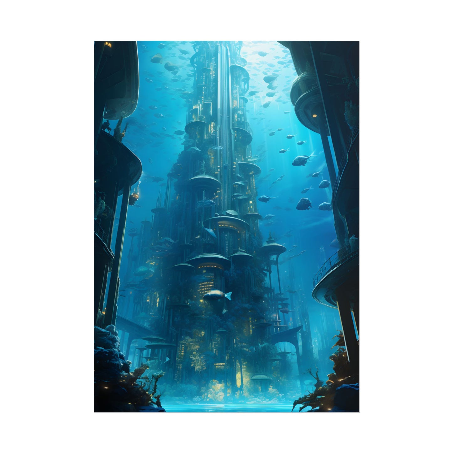 Future Metropolis: Underwater Cityscape Digital Art - Poster