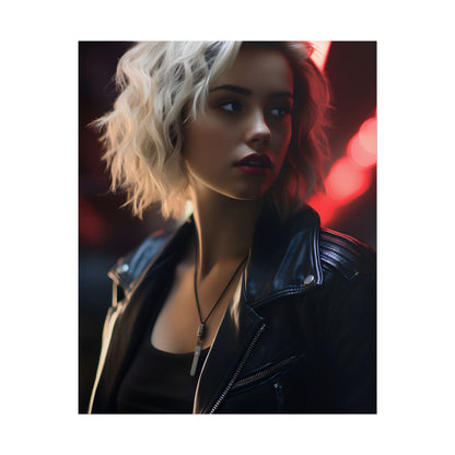Cyberpunk Blonde: Closeup Portrait in Neon Hues - Poster
