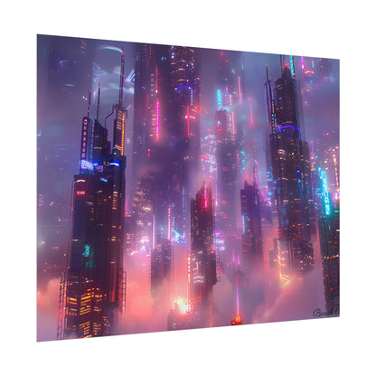 Neon Futuristic Cityscape: Graphic Modern Art - Poster
