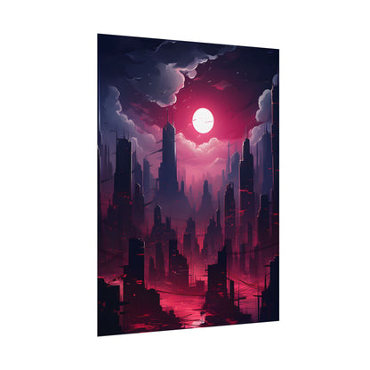 Burning Cyberpunk Cityscape: Digital Artwork at Night - Poster