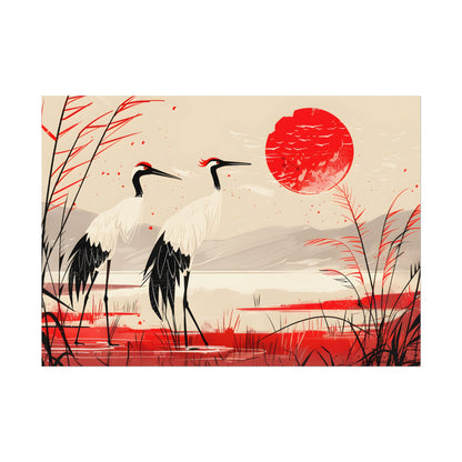 Peaceful Cranes in Serene Nature: Landscape Artwork - Poster