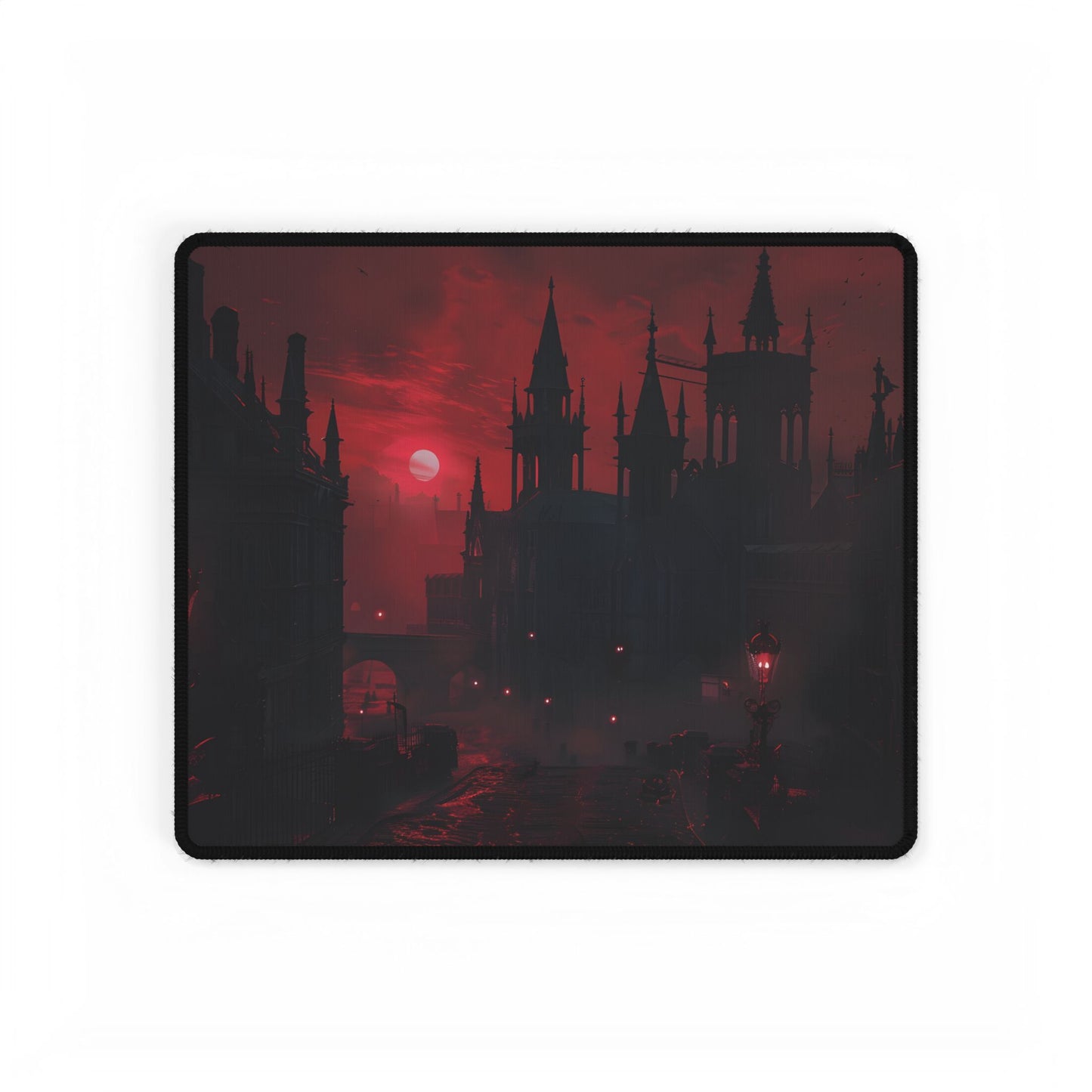 Gothic Cityscape at Dusk: Ethereal Misty Architecture Art - Desk Mat