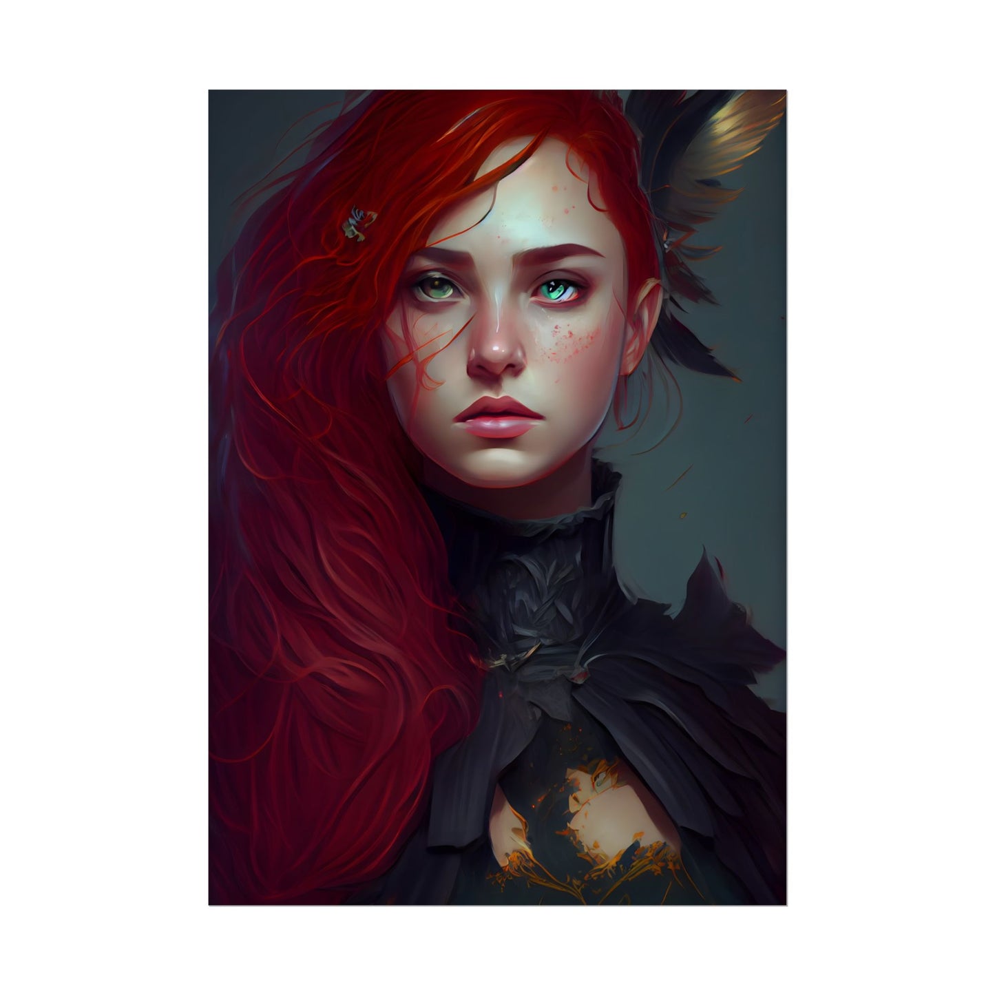 Vibrant Female Portrait: Red Hair Beauty in Neutral Dress - Poster