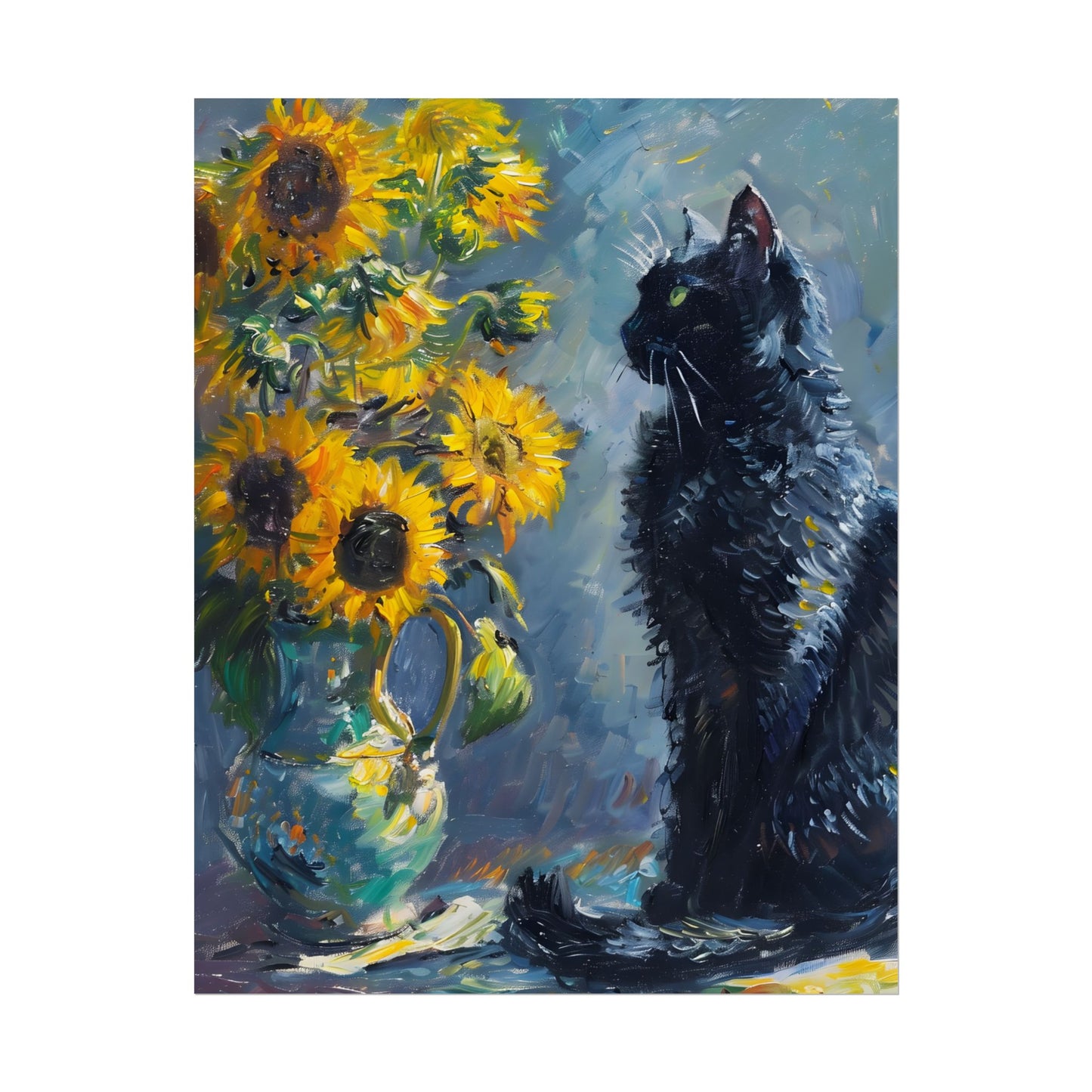 Whimsical Black Cat by Sunflowers: Serene Garden Art - Poster