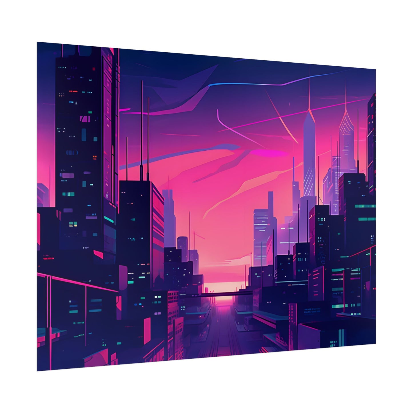 Melancholic Cyberpunk Cityscape: Neon Night Digital Art - Poster