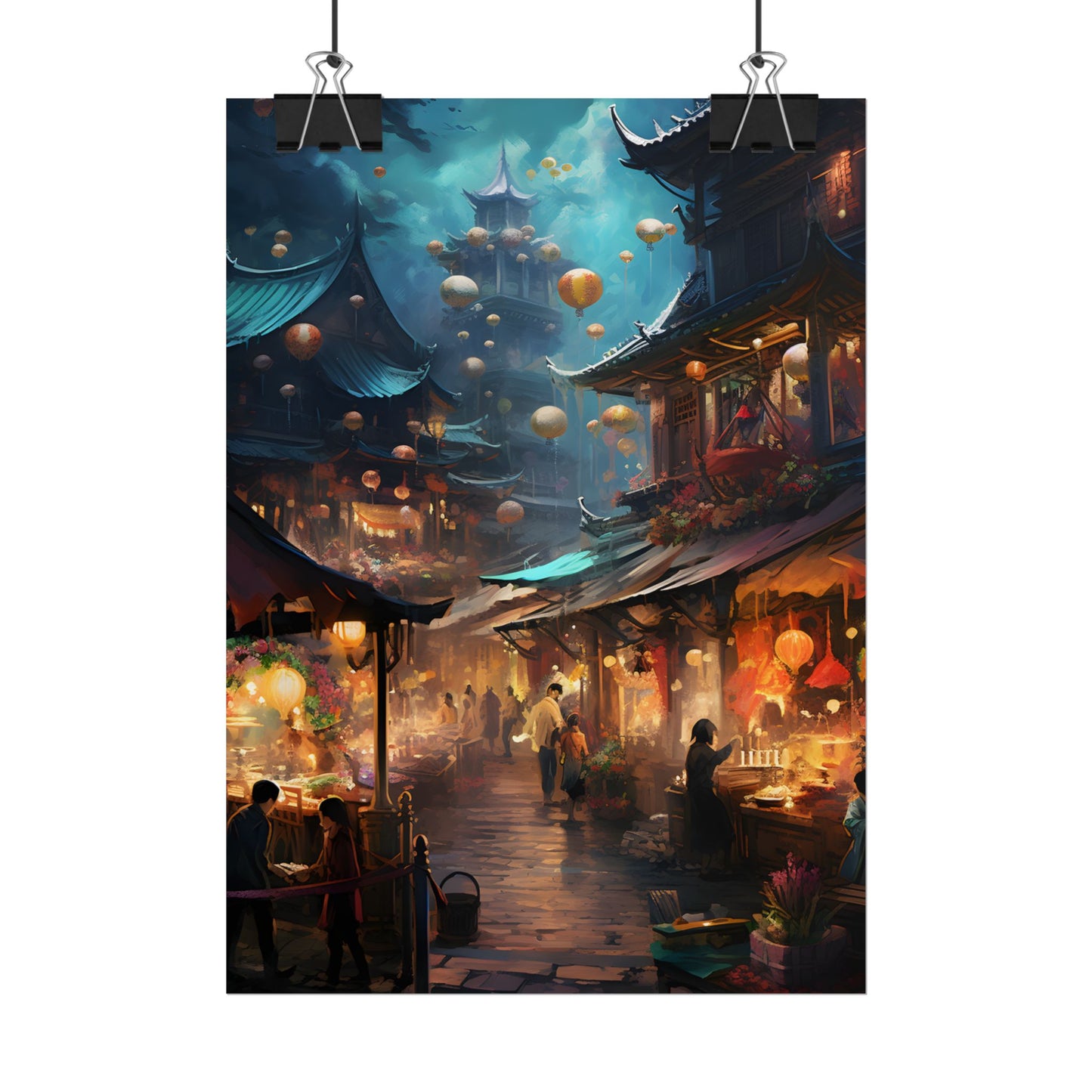 Enchanted Street Food Market: Vibrant Evening Artwork - Poster