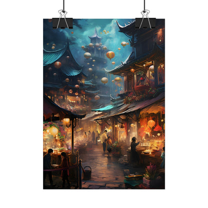 Enchanted Street Food Market: Vibrant Evening Artwork - Poster