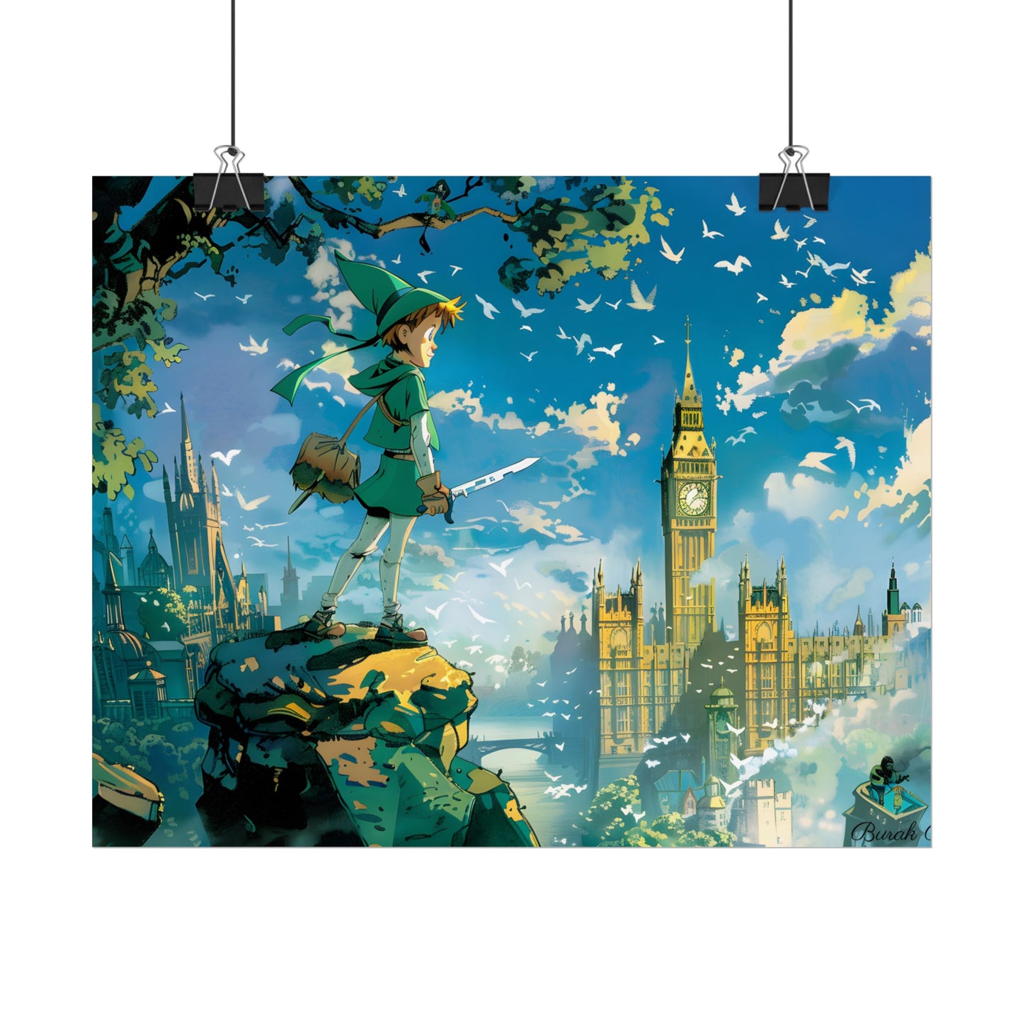 Whimsical Boy in Green: Colorful Illustration Artwork - Poster