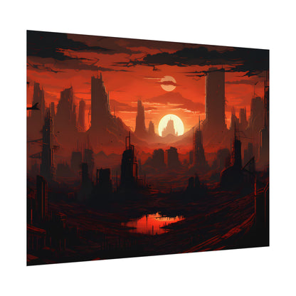 Cyberpunk Nighttime Cityscape: Burning City Digital Art - Poster