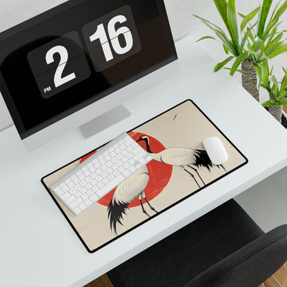 Serene Wildlife Sanctuary: Cranes in Red Nature Scene Art - Desk Mat