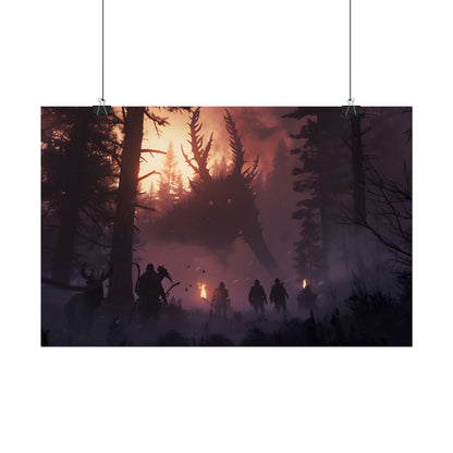 Serene Forest Sunset: Group Walking Through Misty Landscape - Poster