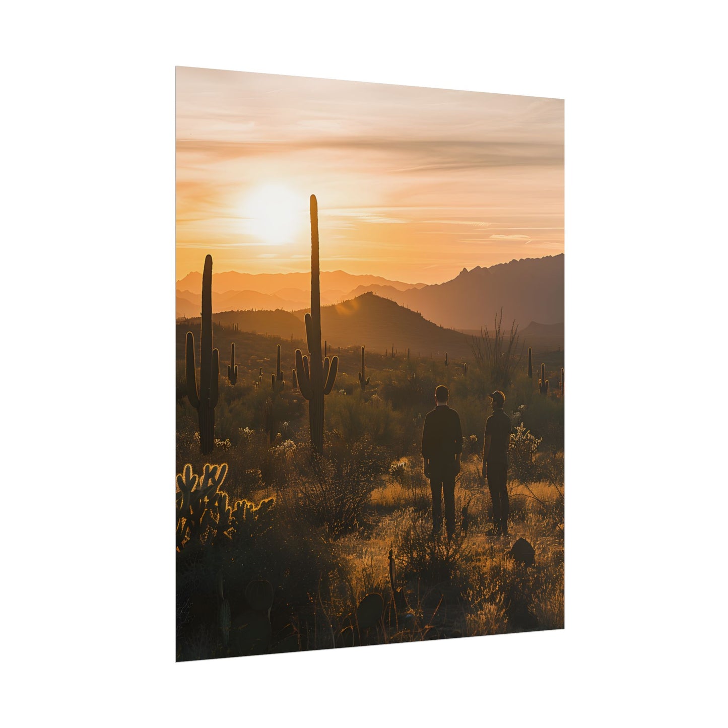 Desert Sunset Serenity: Two Friends Standing Together - Poster