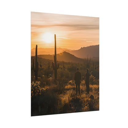 Desert Sunset Serenity: Two Friends Standing Together - Poster