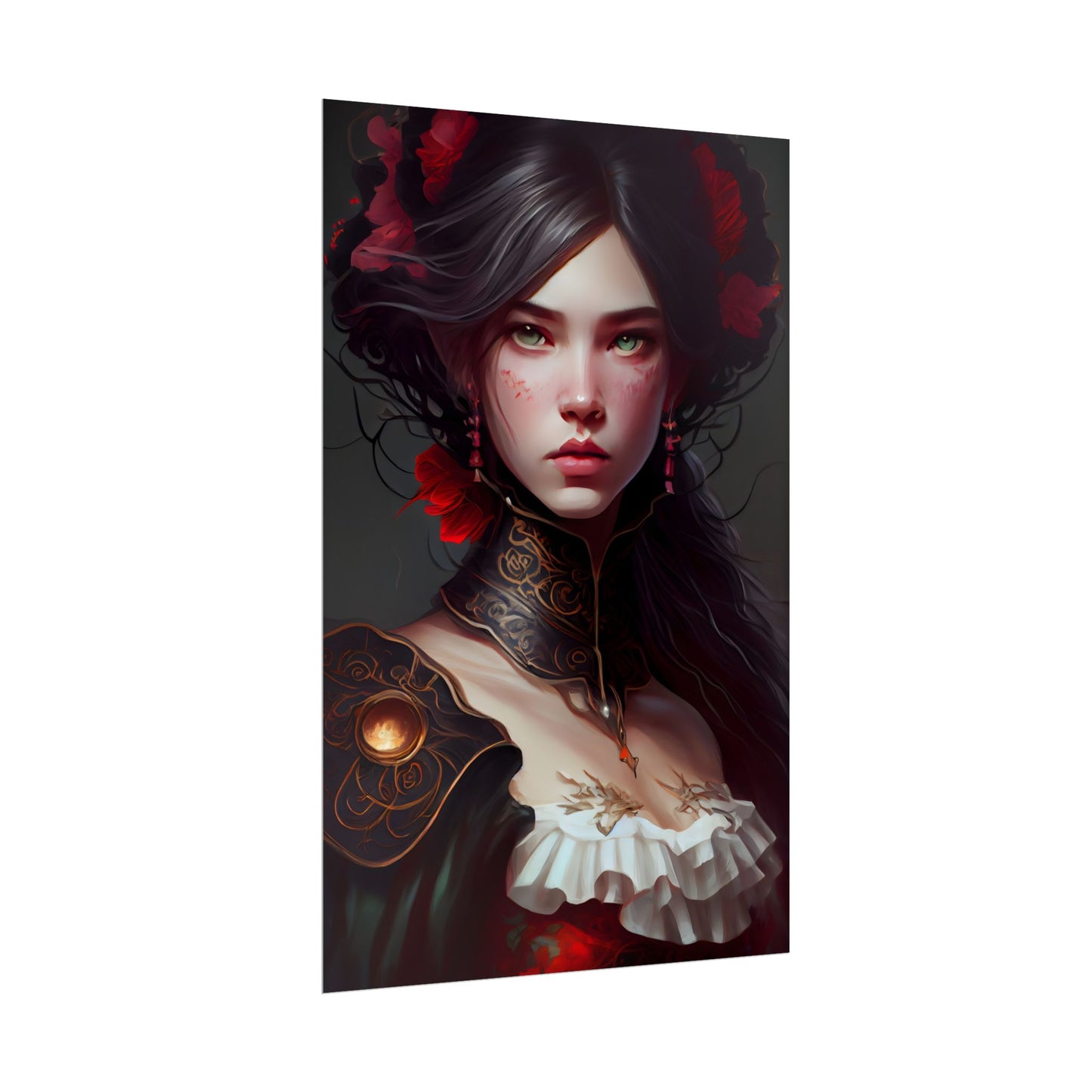 Elegant Black Hair Portrait in White Dress - Poster