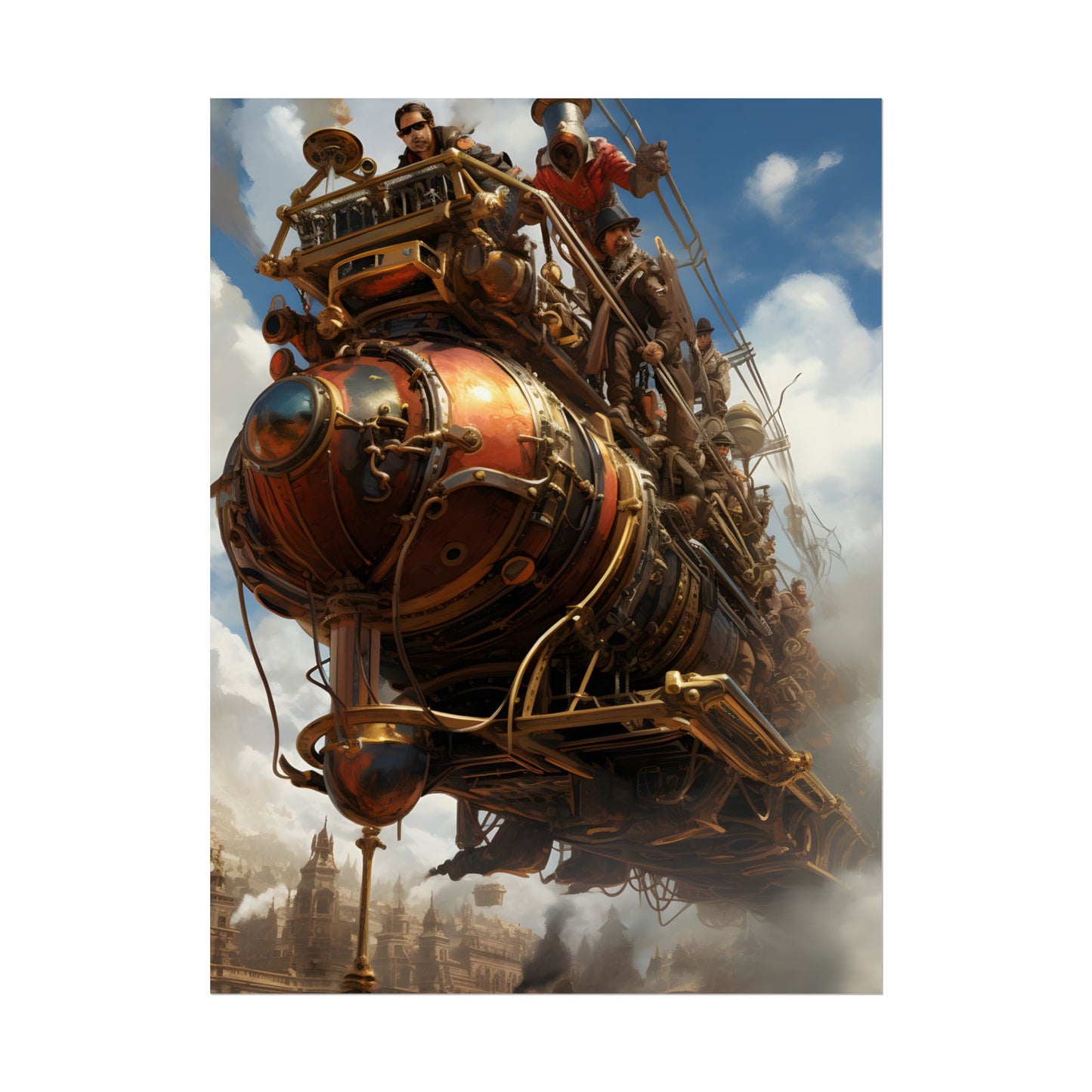 Thrilling Steampunk Sky-Liner: Racing Steam Locomotive on Colum - Poster