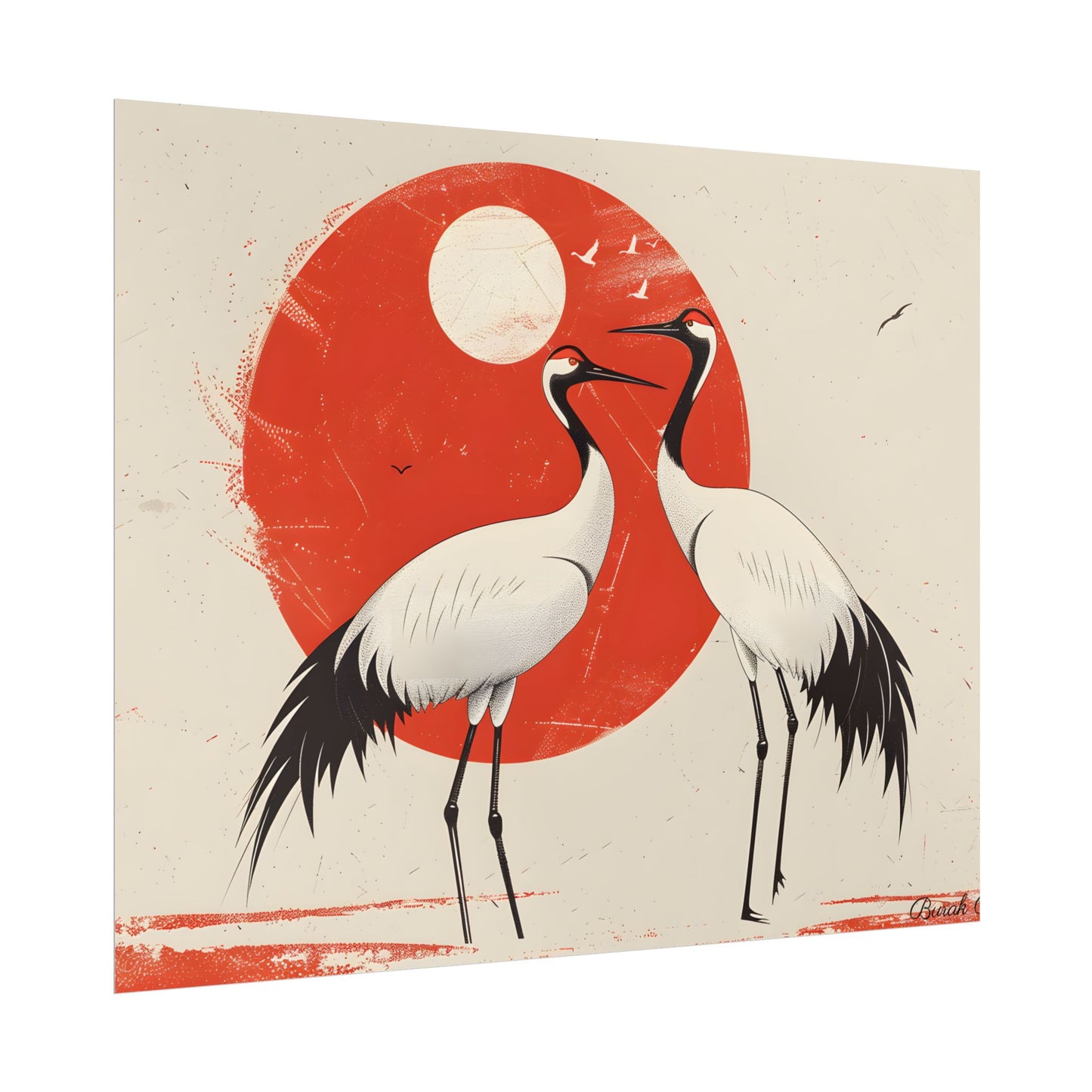 Serene Wildlife Sanctuary: Cranes in Red Nature Scene Art - Poster