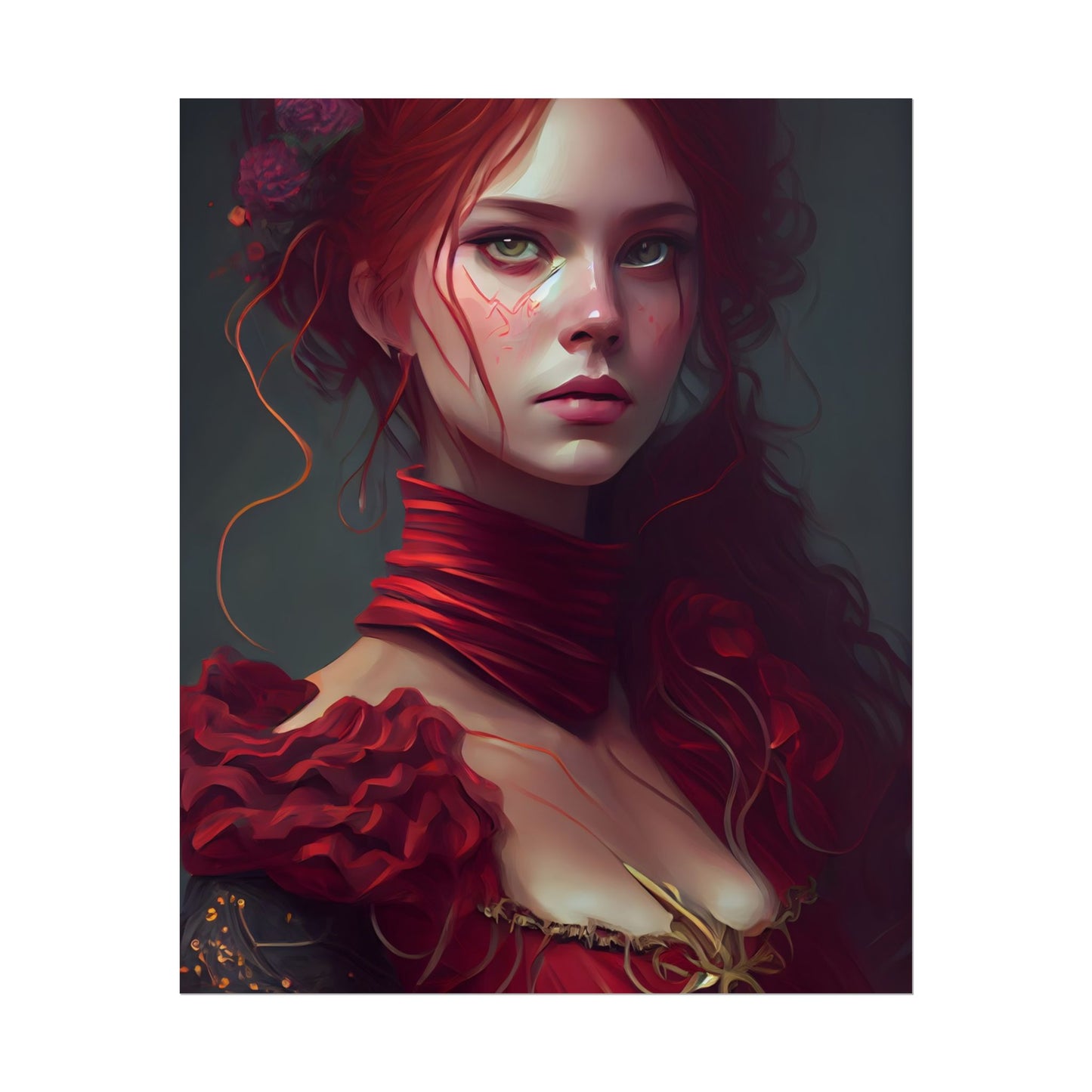 Vibrant Redhead Portrait: Female Artwork in Red Dress - Poster