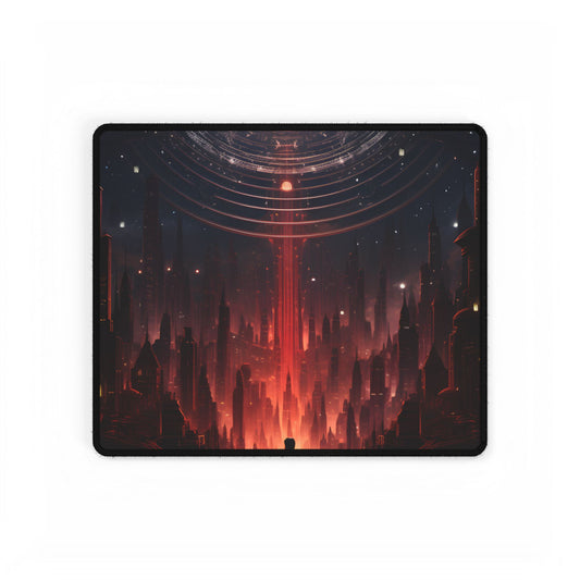 Futuristic Cityscape: Neon Sky Meets Nature's Harmony - Desk Mat