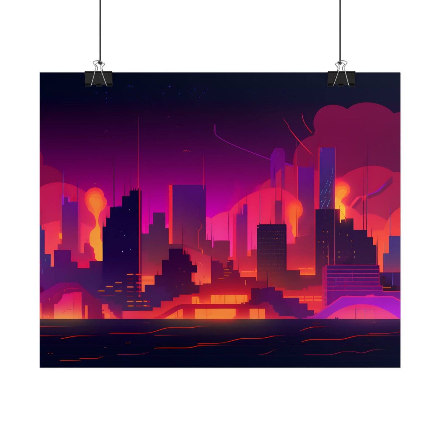Burning Cyberpunk Cityscape: Nighttime Digital Artwork - Poster