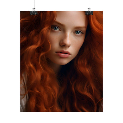Feminine Portrait: Redheaded Woman in Light Blue - Poster