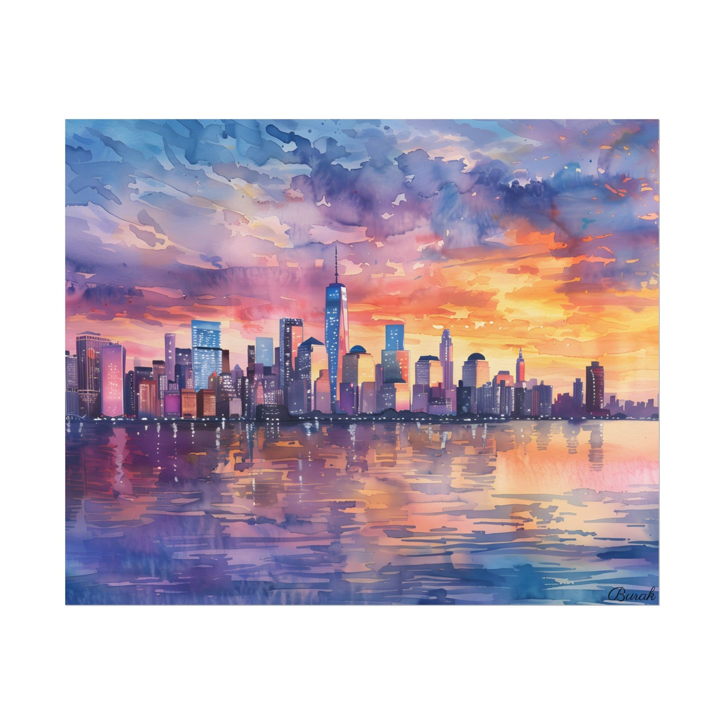 Serene NYC Sunset: Watercolor Skyline Reflections - Poster