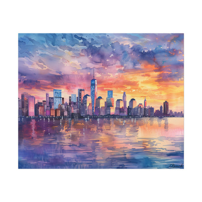 Serene NYC Sunset: Watercolor Skyline Reflections - Poster
