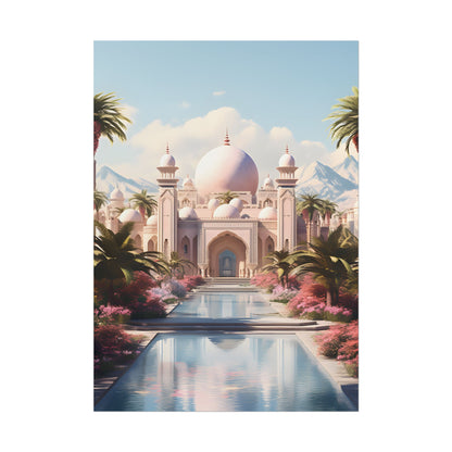 Serene Arabian Desert Oasis: Camels in a Palm Tree Landscape - Poster