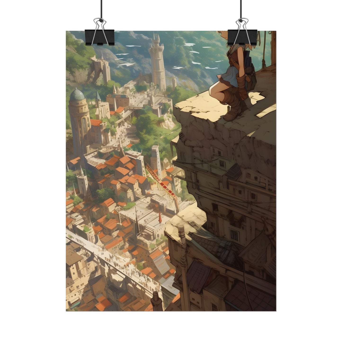 Dramatic Anime Bird's Eye View: Blonde Female in Action with Flying Birds - Poster