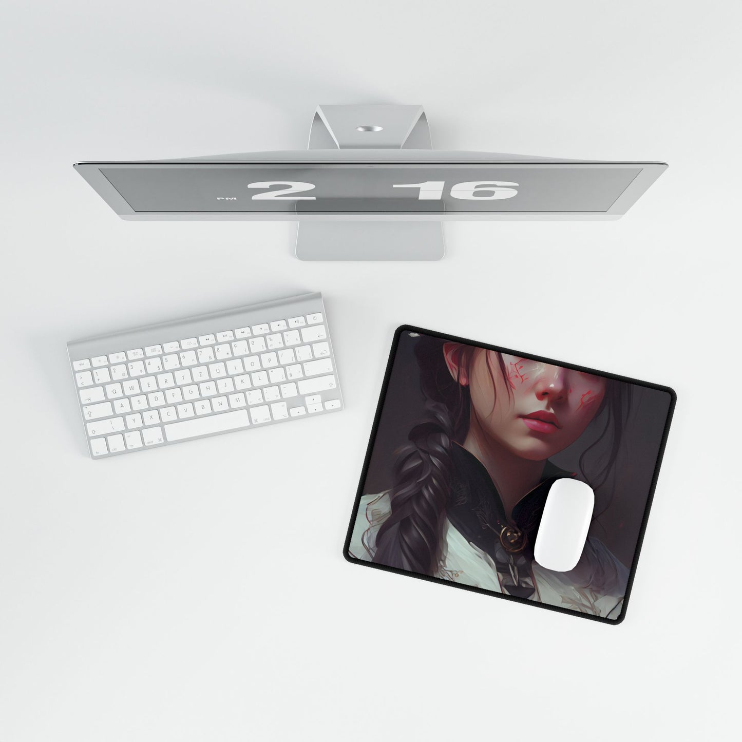 Realistic Female Portrait in Black Hair and Dress - Desk Mat