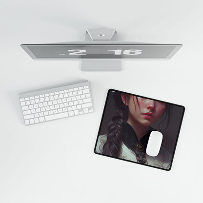 Realistic Female Portrait in Black Hair and Dress - Desk Mat