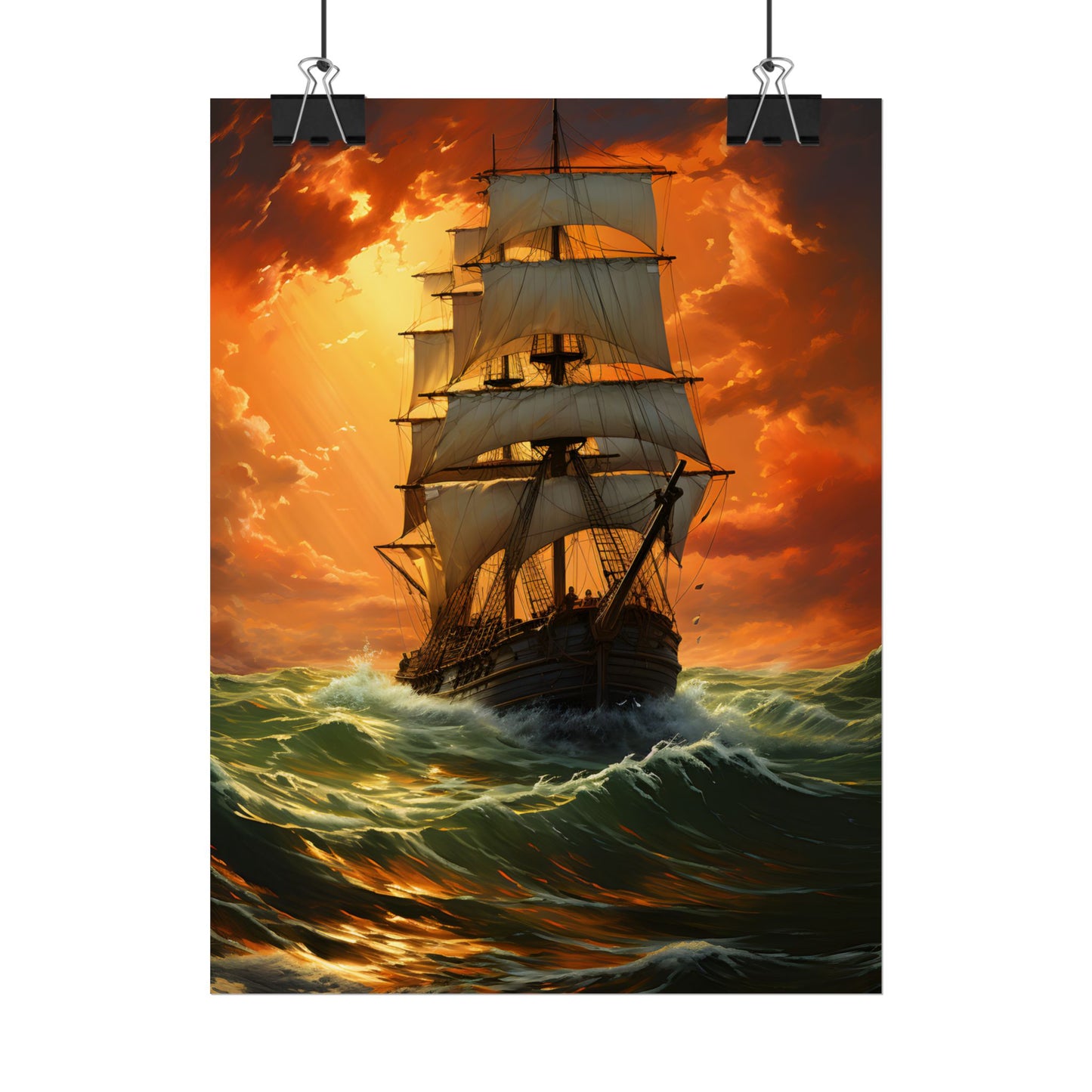 Nature's Serenity: Realistic Oil Painting of a Green Ship - Poster