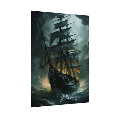 Ghostly Pirate Ship: Sailing Solo in Eerie Blue Skies - Poster
