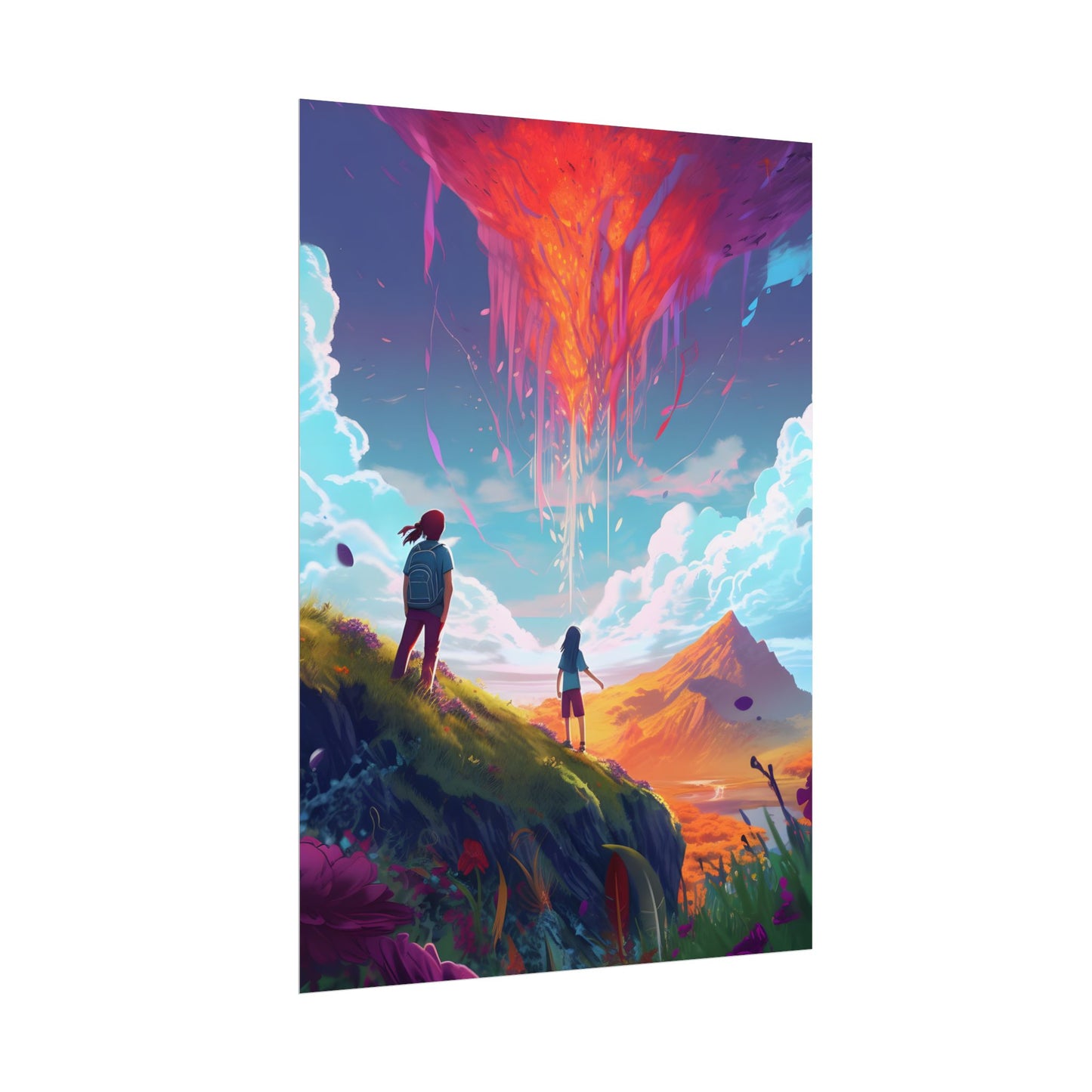 Children's Serene Moment: Meadow Under a Cloudy Sky - Poster