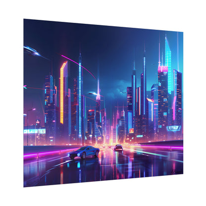Futuristic City Glow: Neon Lights Digital Art - Poster