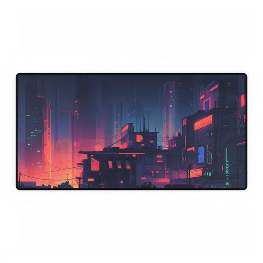 Cyberpunk Night: Melancholic Cityscape Digital Art - Desk Mat