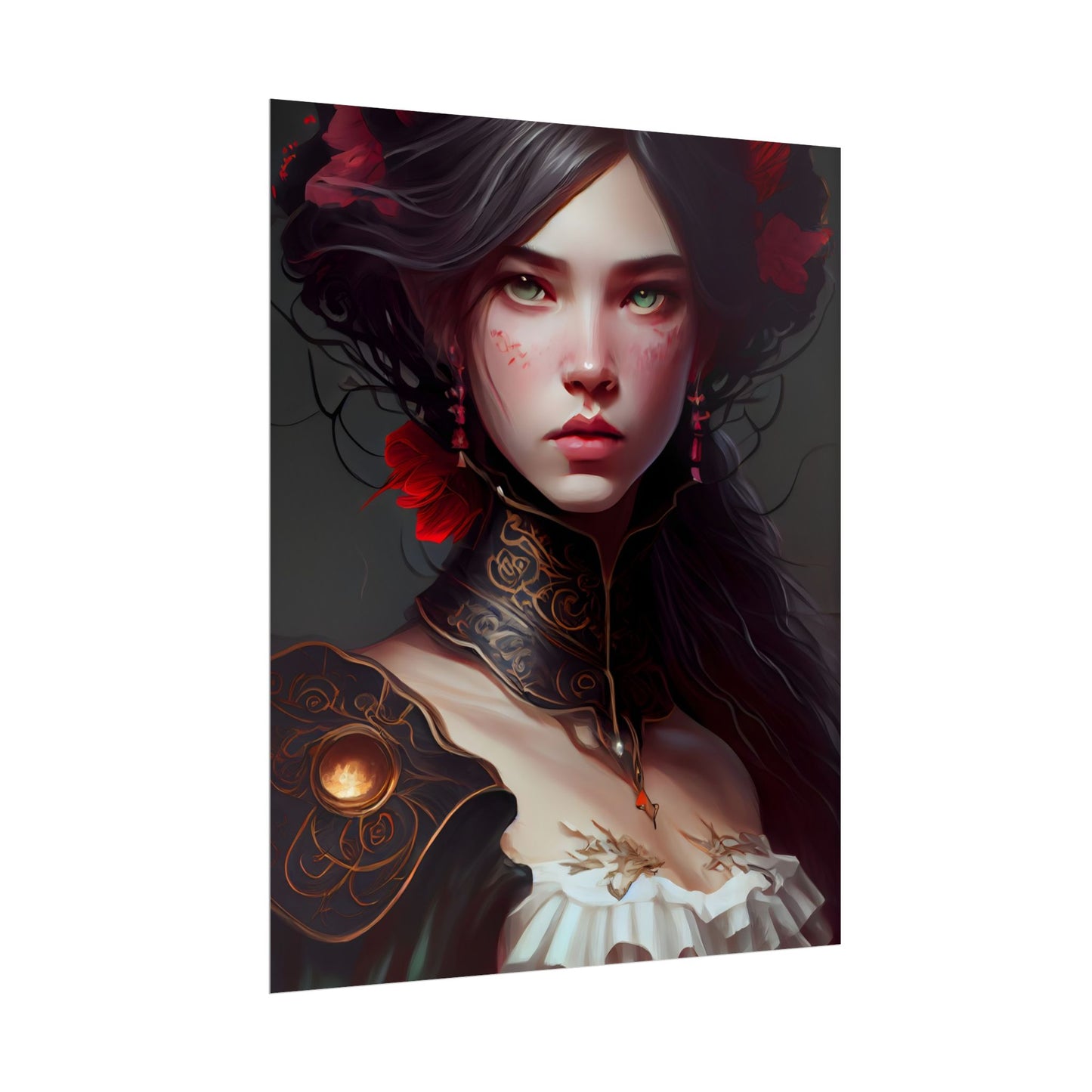 Elegant Black Hair Portrait in White Dress - Poster