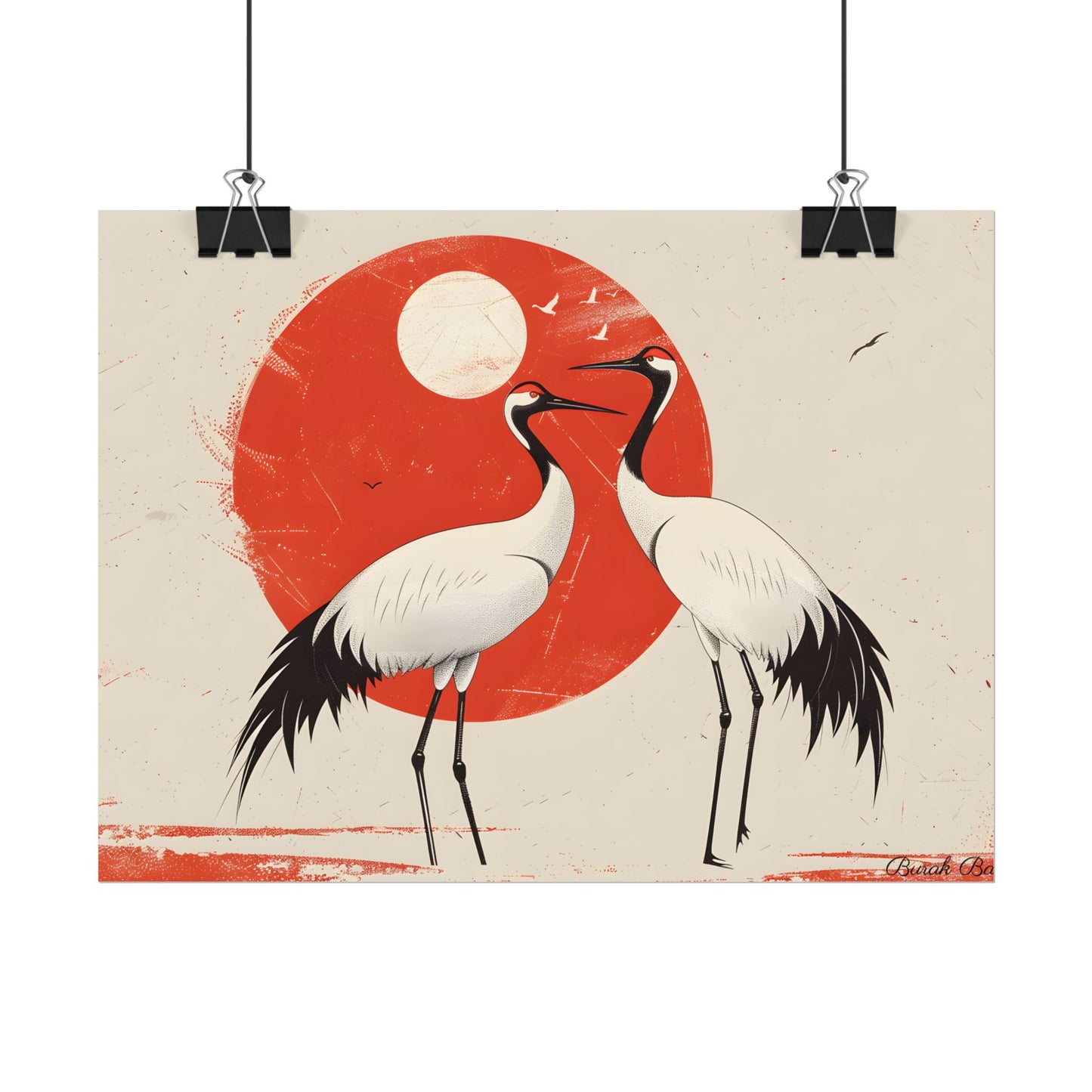Serene Wildlife Sanctuary: Cranes in Red Nature Scene Art - Poster