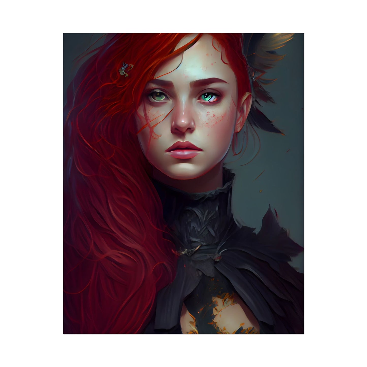 Vibrant Female Portrait: Red Hair Beauty in Neutral Dress - Poster