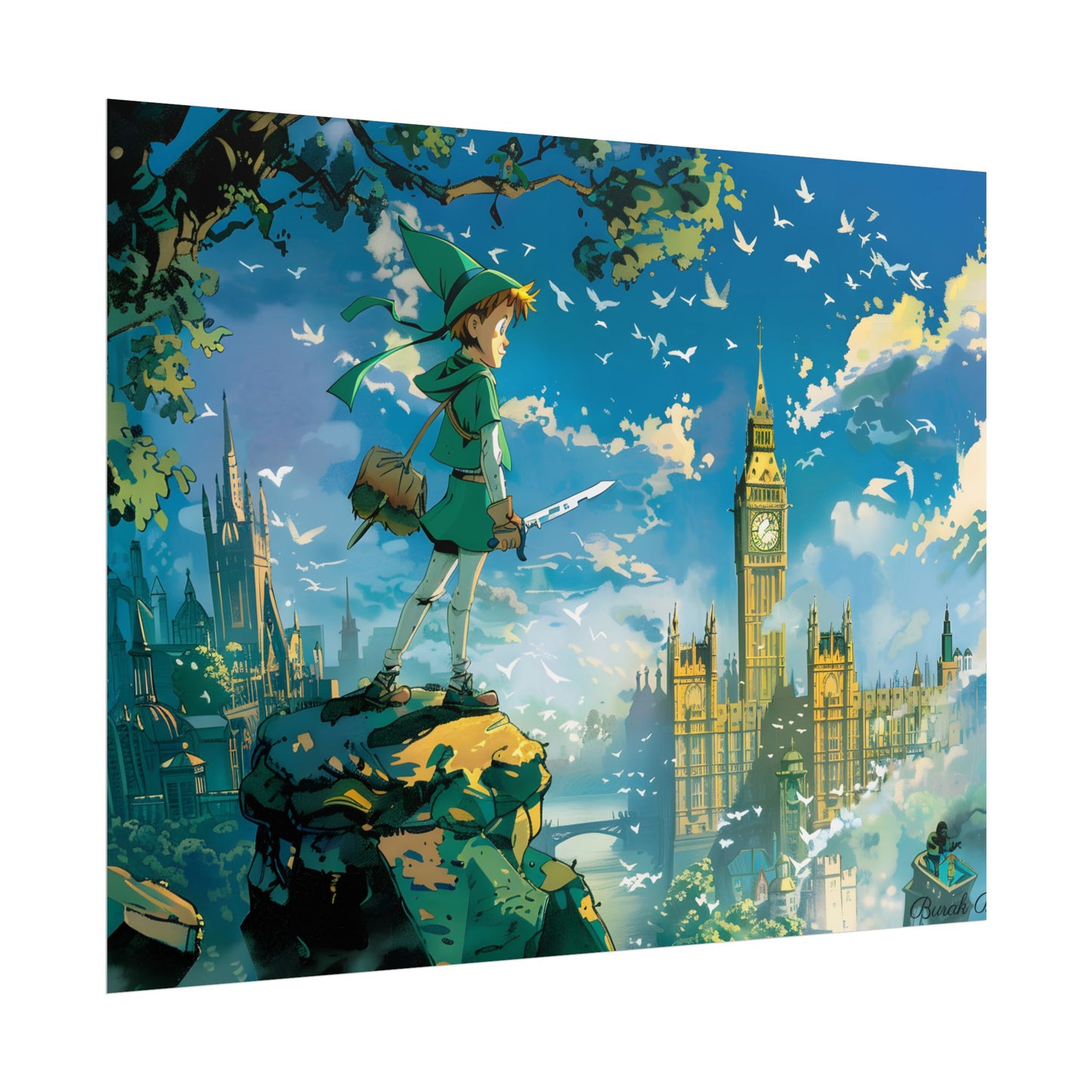 Whimsical Boy in Green: Colorful Illustration Artwork - Poster