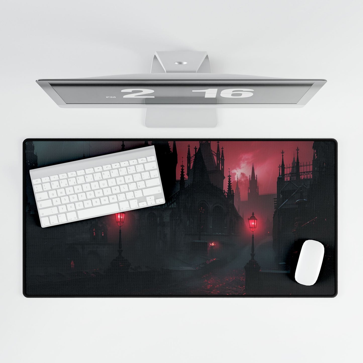 Dark Gothic Cityscape: Misty Twilight Artwork - Desk Mat