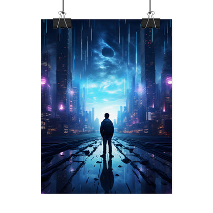 Cyberpunk Cityscape at Night: Melancholic Landscape Digital Art - Poster