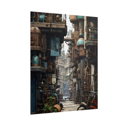 Steampunk Urban Decay: Post-Apocalyptic Cityscape at Dusk - Poster