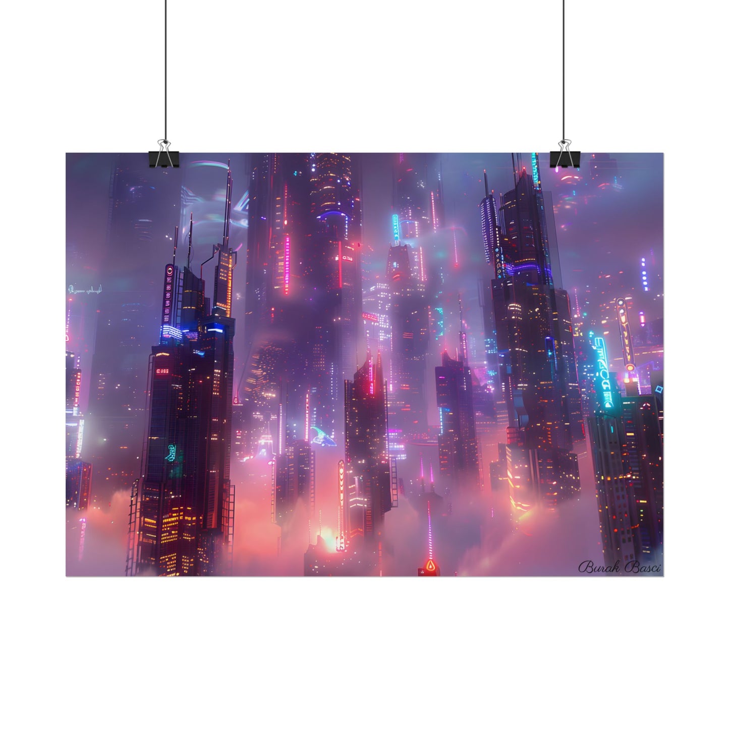 Neon Futuristic Cityscape: Graphic Modern Art - Poster