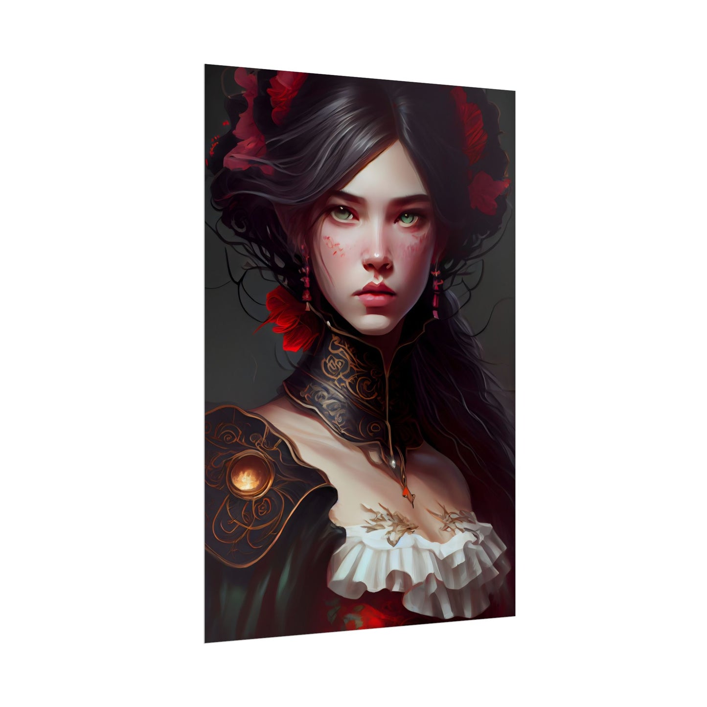 Elegant Black Hair Portrait in White Dress - Poster