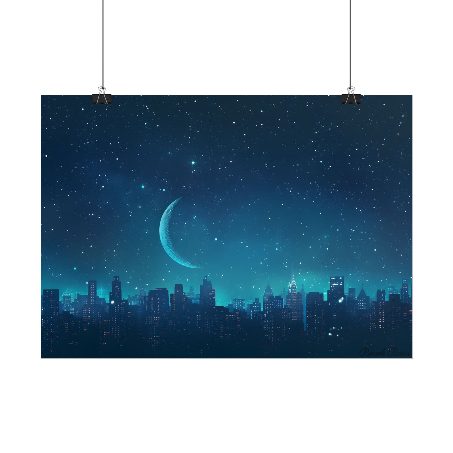 Starry Night Sky: Tranquil Dark Blue Scene with Crescent Moon - Poster