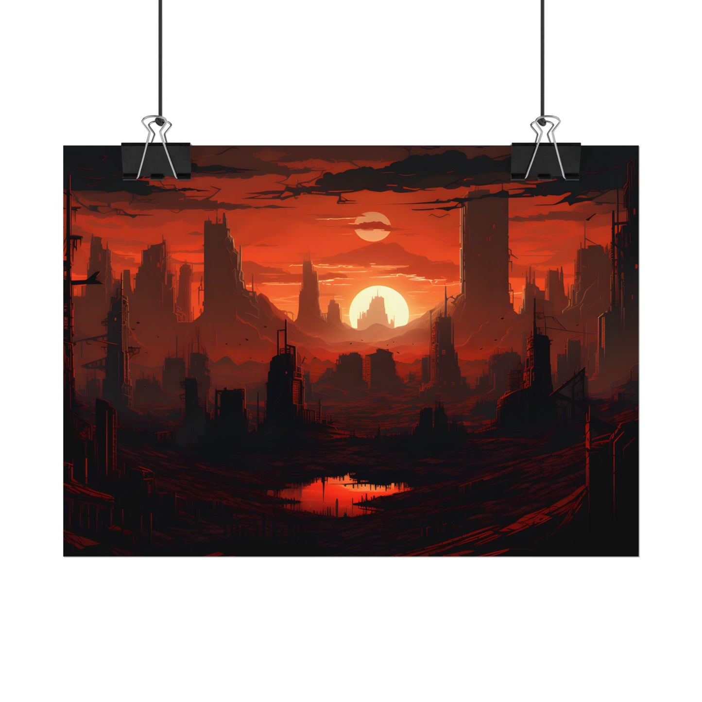 Cyberpunk Nighttime Cityscape: Burning City Digital Art - Poster