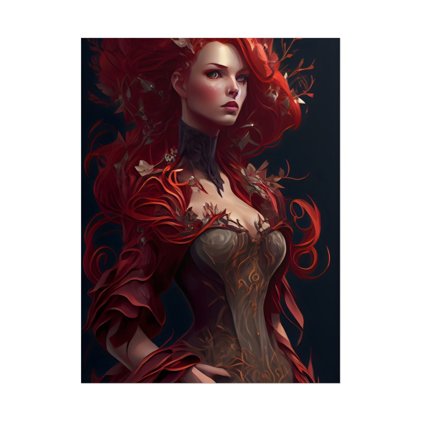 Red Hair Portrait: Elegant Female in Black Dress - Poster